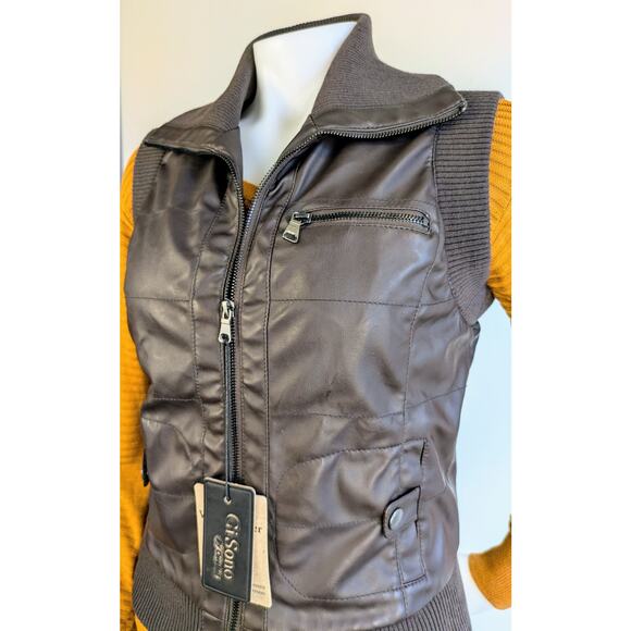 NEW Ci Sono by Cavalini Brown Vegan Faux Leather Cropped Vest Collar Size Small - Picture 5 of 12